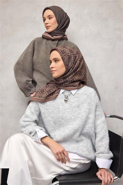 Viskon Velora Eşarp Espresso Kahve Yonca Desenli Tok Duruşlu 90x90