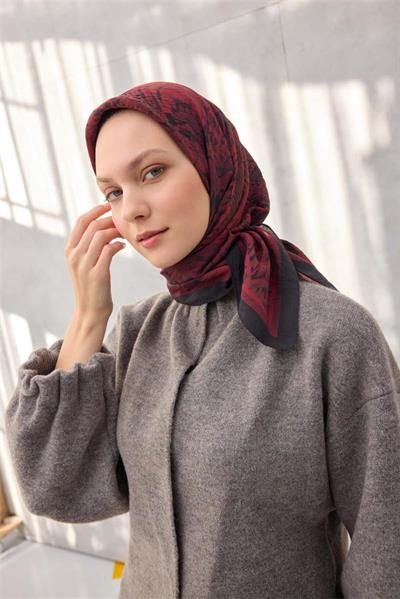 Viskon Velora Eşarp Dört Mevsim Karma Desen Bordo 90x90