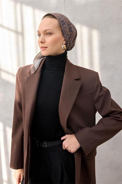 Viskon Velora Eşarp Yonca Desenli Gri Vizon Tonlu Tok Duruşlu 90x90