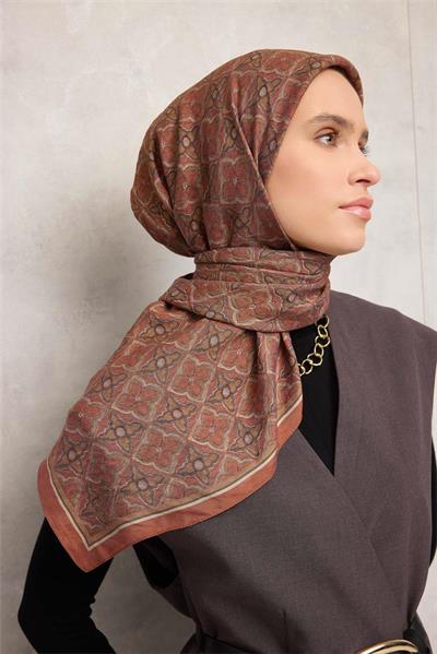 Viskon Velora Eşarp Kiremit Yonca Desenli Tok Duruşlu 90x90