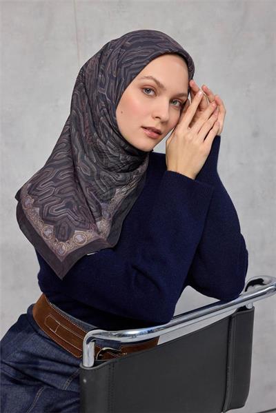 Viskon Velora Eşarp Dört Mevsim Zincir Desen Antrasit 90x90