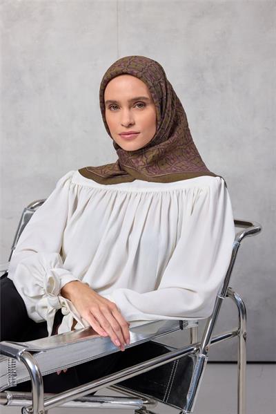 Viskon Velora Eşarp Yonca Desenli Haki Yeşil Tok Duruşlu 90x90