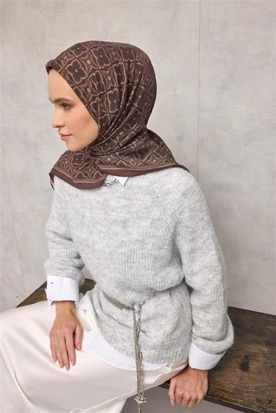 Viskon Velora Eşarp Acı Kahve Yonca Desenli Tok Duruşlu 90x90