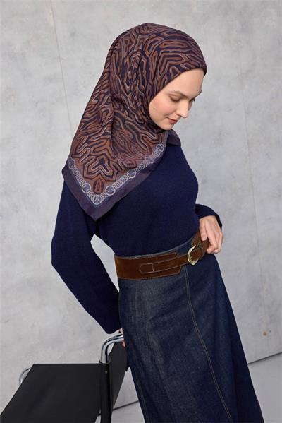 Viskon Velora Eşarp Dört Mevsim Zincir Desen Saks 90x90