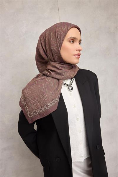 Viskon Velora Eşarp Dört Mevsim Zincir Desen Bakır Kahve 90x90