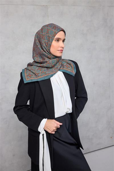 Viskon Velora Eşarp Yonca Desenli Petrol Mavisi Tok Duruşlu 90x90