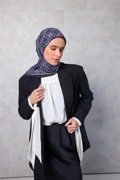 Viskon Velora Eşarp Yonca Desenli Gece Mavisi Tok Duruşlu 90x90