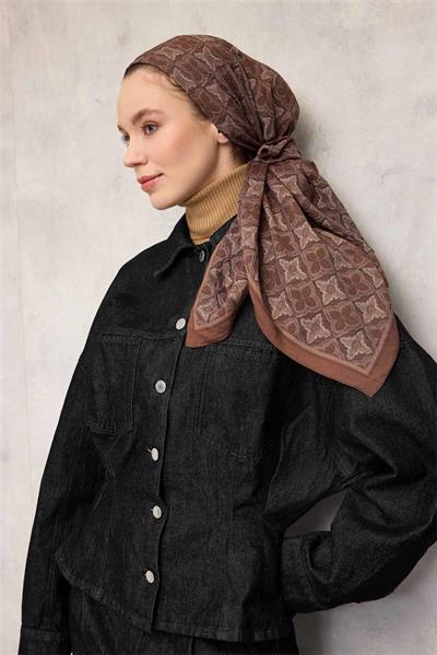 Viskon Velora Eşarp Kakao Yonca Desenli Tok Duruşlu 90x90