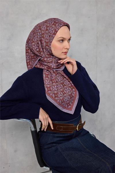 Viskon Velora Eşarp Yonca Desenli Lila Tok Duruşlu Dört Mevsim 90x90