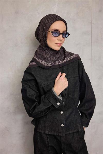 Viskon Velora Eşarp Dört Mevsim Zincir Desen Koyu Siyah 90x90