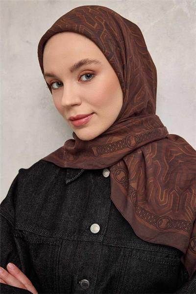 Viskon Velora Eşarp Dört Mevsim Zincir Desen Kahverengi 90x90