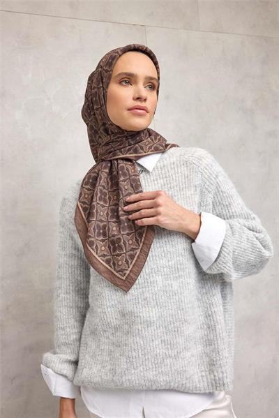 Viskon Velora Eşarp Espresso Kahve Yonca Desenli Tok Duruşlu 90x90