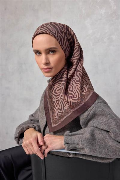 Viskon Velora Eşarp Dört Mevsim Zincir Desen Acı Kahve 90x90