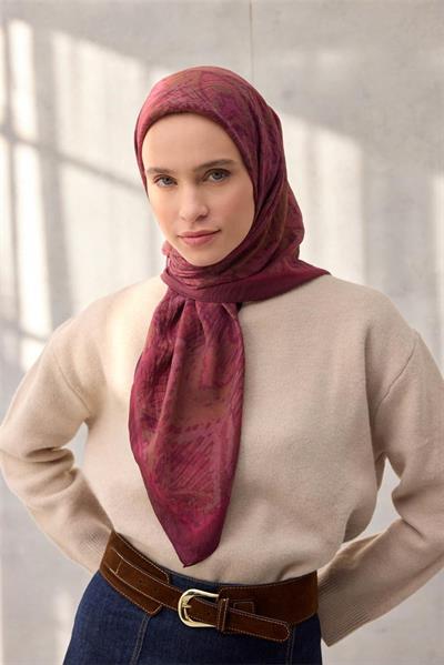 Viskon Velora Eşarp Dört Mevsim Karma Desen Vişne 90x90