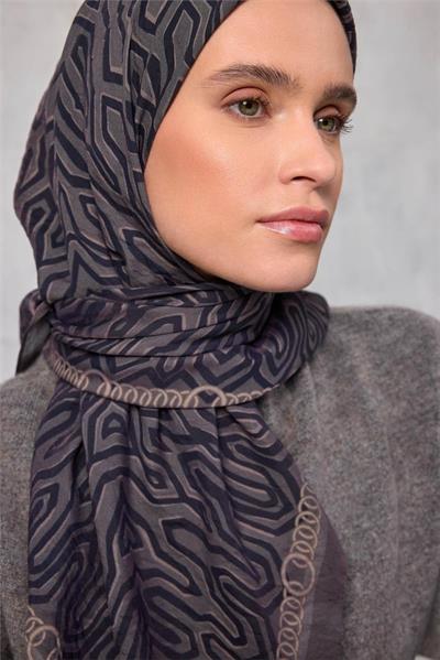 Viskon Velora Eşarp Dört Mevsim Zincir Desen Kahve Vizon 90x90