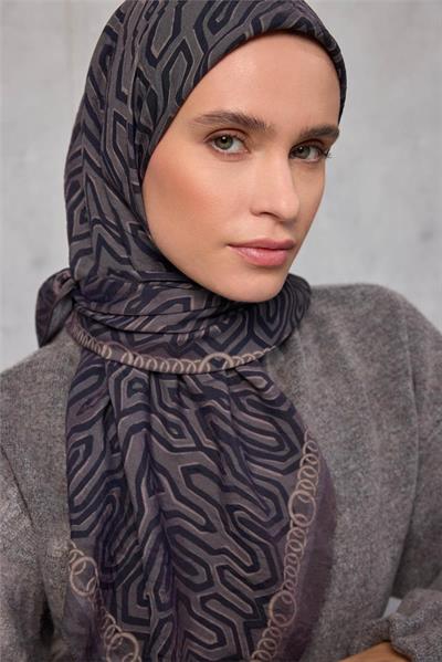 Viskon Velora Eşarp Dört Mevsim Zincir Desen Kahve Vizon 90x90