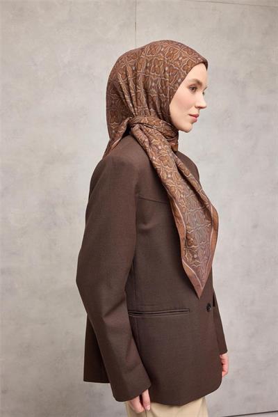 Viskon Velora Eşarp Taba Karamel Yonca Desenli Tok Duruşlu 90x90