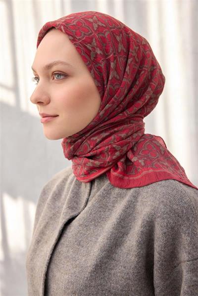 Viskon Velora Eşarp Yonca Desenli Vişne Çürüğü Tok Duruşlu Dört Mevsim 90x90