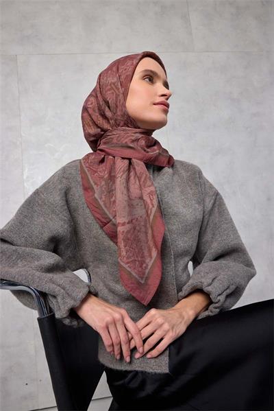 Viskon Velora Eşarp Dört Mevsim Karma Desen Kiremit Bordo 90x90