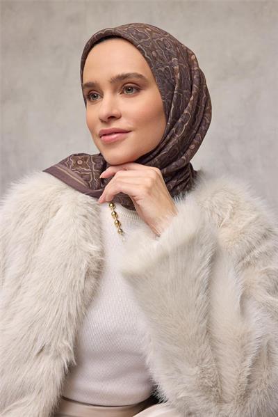 Viskon Velora Eşarp Küllü Mürdüm Yonca Desenli Tok Duruşlu 90x90