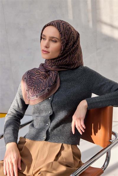 Viskon Velora Eşarp Dört Mevsim Zincir Desen Karamel 90x90