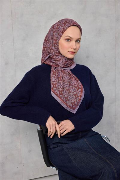 Viskon Velora Eşarp Yonca Desenli Lila Tok Duruşlu Dört Mevsim 90x90