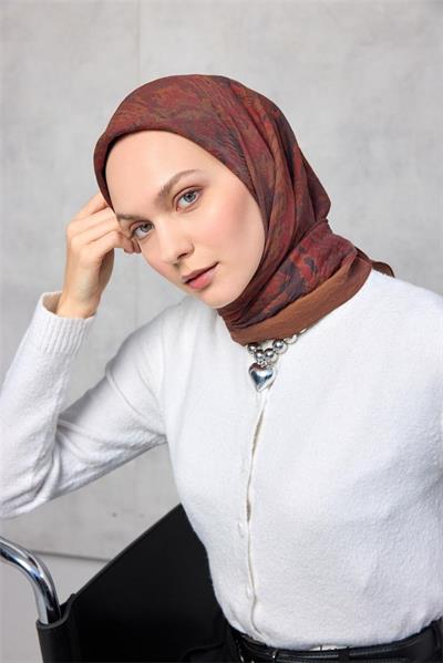 Viskon Velora Eşarp Dört Mevsim Karma Desen Koyu Tarçın 90x90
