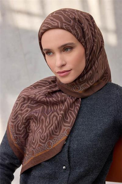 Viskon Velora Eşarp Dört Mevsim Zincir Desen Kahverengi 90x90