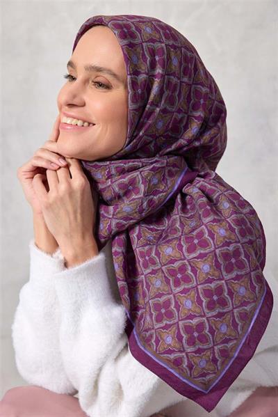 Viskon Velora Eşarp Yonca Desenli Canlı Mor Tok Duruşlu Dört Mevsim 90x90