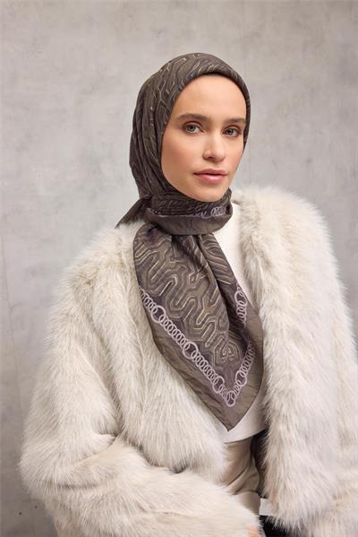 Viskon Velora Eşarp Dört Mevsim Zincir Desen Asker Yeşili 90x90