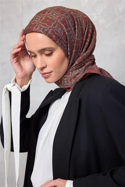 Viskon Velora Eşarp Yonca Desenli Kiremit Tonlu Tok Duruşlu 90x90