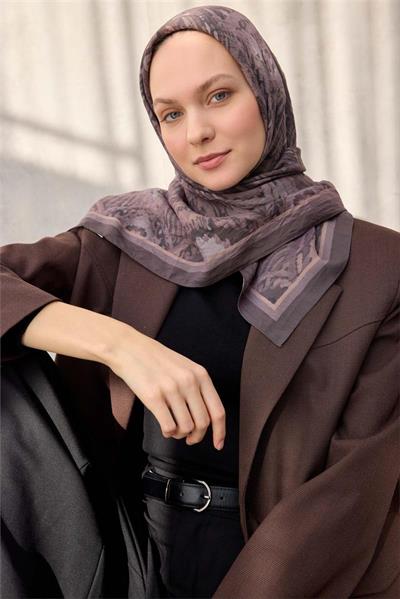 Viskon Velora Eşarp Dört Mevsim Karma Desen Yanık Kahve 90x90