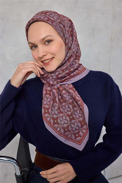 Viskon Velora Eşarp Yonca Desenli Lila Tok Duruşlu Dört Mevsim 90x90