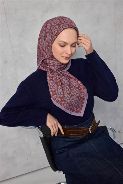 Viskon Velora Eşarp Yonca Desenli Lila Tok Duruşlu Dört Mevsim 90x90
