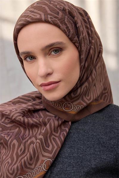 Viskon Velora Eşarp Dört Mevsim Zincir Desen Kahverengi 90x90