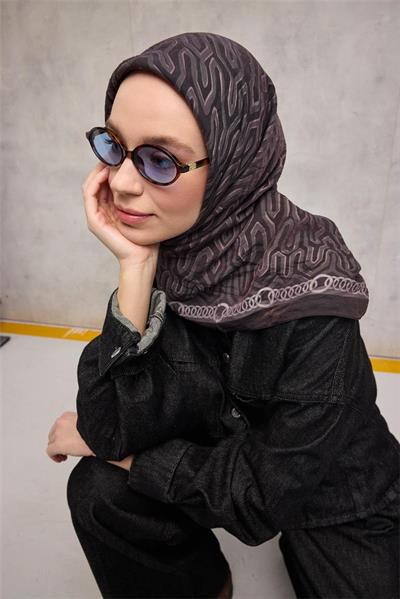 Viskon Velora Eşarp Dört Mevsim Zincir Desen Koyu Siyah 90x90