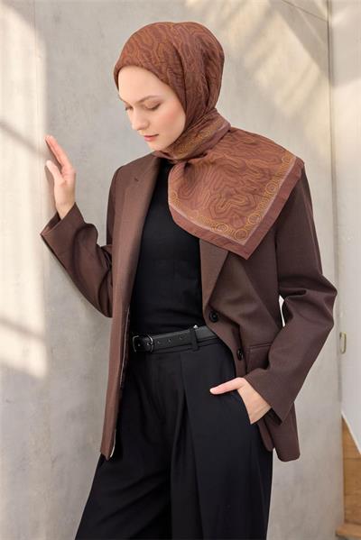 Viskon Velora Eşarp Dört Mevsim Zincir Desen Çikolata 90x90