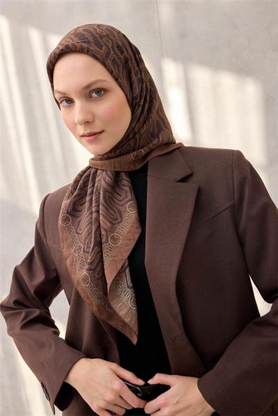 Viskon Velora Eşarp Dört Mevsim Zincir Desen Koyu Tarçın 90x90