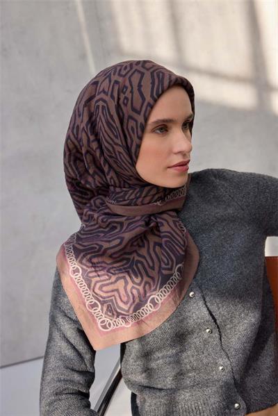 Viskon Velora Eşarp Dört Mevsim Zincir Desen Karamel 90x90