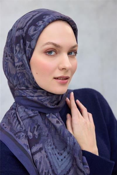 Viskon Velora Eşarp Dört Mevsim Karma Desen Koyu Mavi 90x90