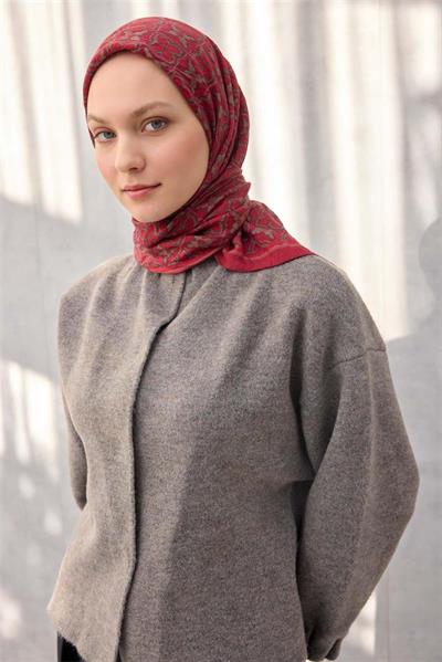 Viskon Velora Eşarp Yonca Desenli Vişne Çürüğü Tok Duruşlu Dört Mevsim 90x90