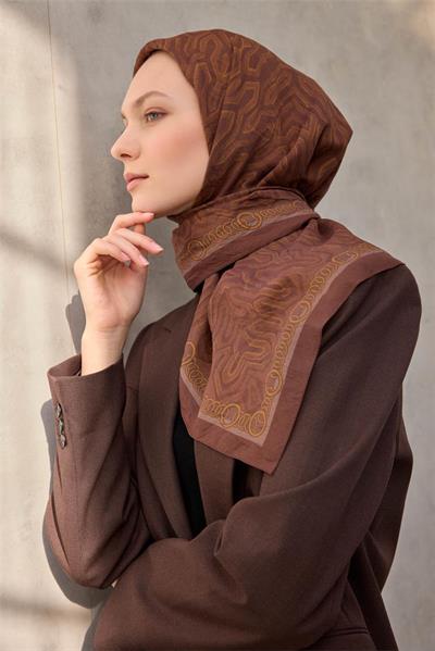 Viskon Velora Eşarp Dört Mevsim Zincir Desen Çikolata 90x90