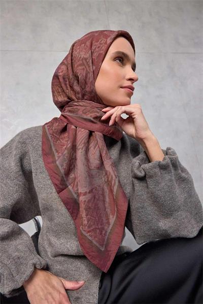 Viskon Velora Eşarp Dört Mevsim Karma Desen Kiremit Bordo 90x90