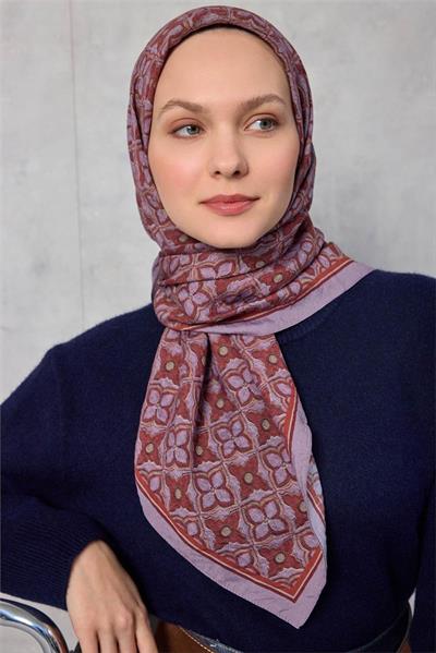Viskon Velora Eşarp Yonca Desenli Lila Tok Duruşlu Dört Mevsim 90x90