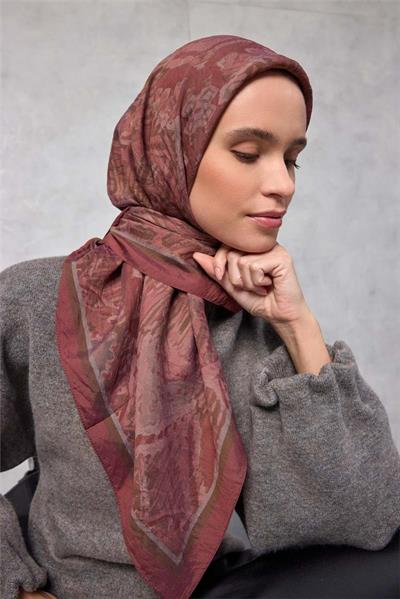 Viskon Velora Eşarp Dört Mevsim Karma Desen Kiremit Bordo 90x90