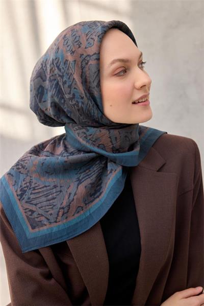 Viskon Velora Eşarp Dört Mevsim Karma Desen Indigo 90x90