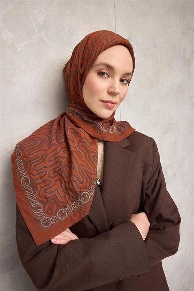 Viskon Velora Eşarp Dört Mevsim Zincir Desen Tarçın 90x90