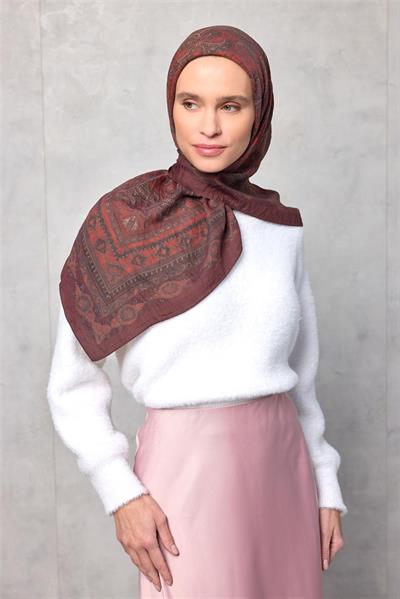 Viskon Velora Eşarp Dört Mevsim Kızıl Kahve 90x90