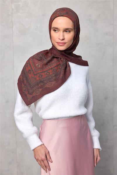 Viskon Velora Eşarp Dört Mevsim Kızıl Kahve 90x90