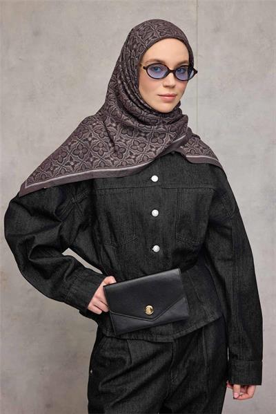 Viskon Velora Eşarp Koyu Füme Yonca Desenli Tok Duruşlu 90x90